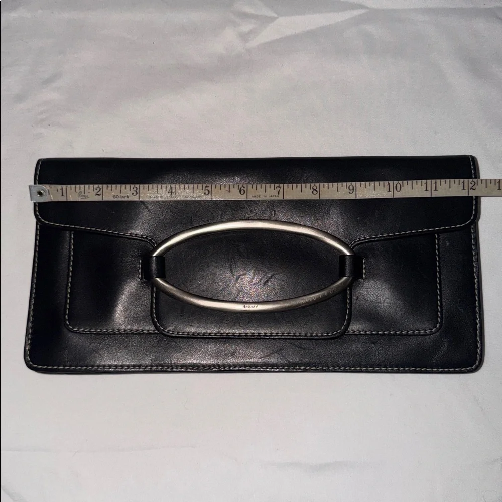 DKNY Black Leather Silver Buckle Minimal Envelope Style Clutch